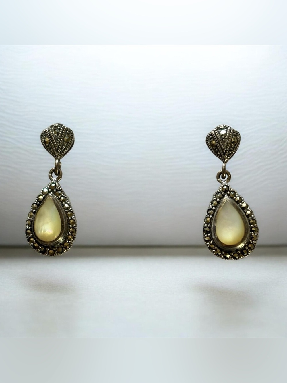 Sterling Silver Marcasite Mother of Pearl Vintage Earrings